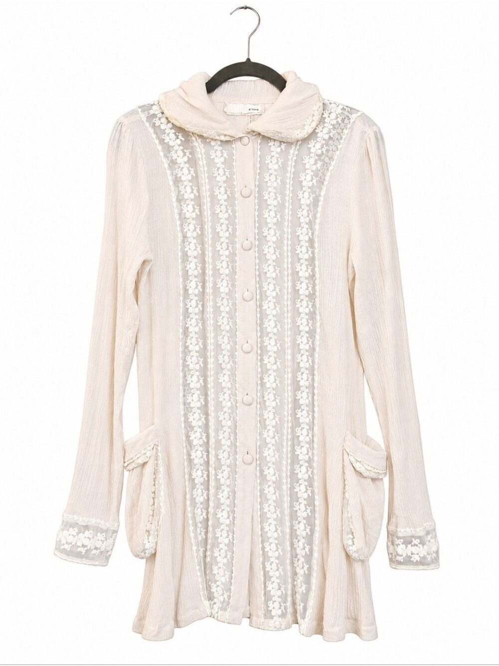 A'REVE BOHO COTTAGECORE CREAM LACE GAUZE ROMANTIC BUTTON FRONT TUNIC BLOUSE S